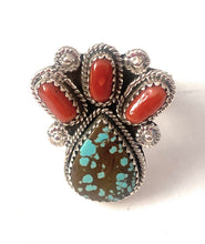 Load image into Gallery viewer, Handmade Sterling Silver, Coral &amp; Number 8 Turquoise Adjustable Ring