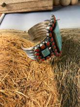 Load image into Gallery viewer, Anthony Skeets Navajo Turquoise, Coral &amp; Sterling Silver Cuff Bracelet Signed
