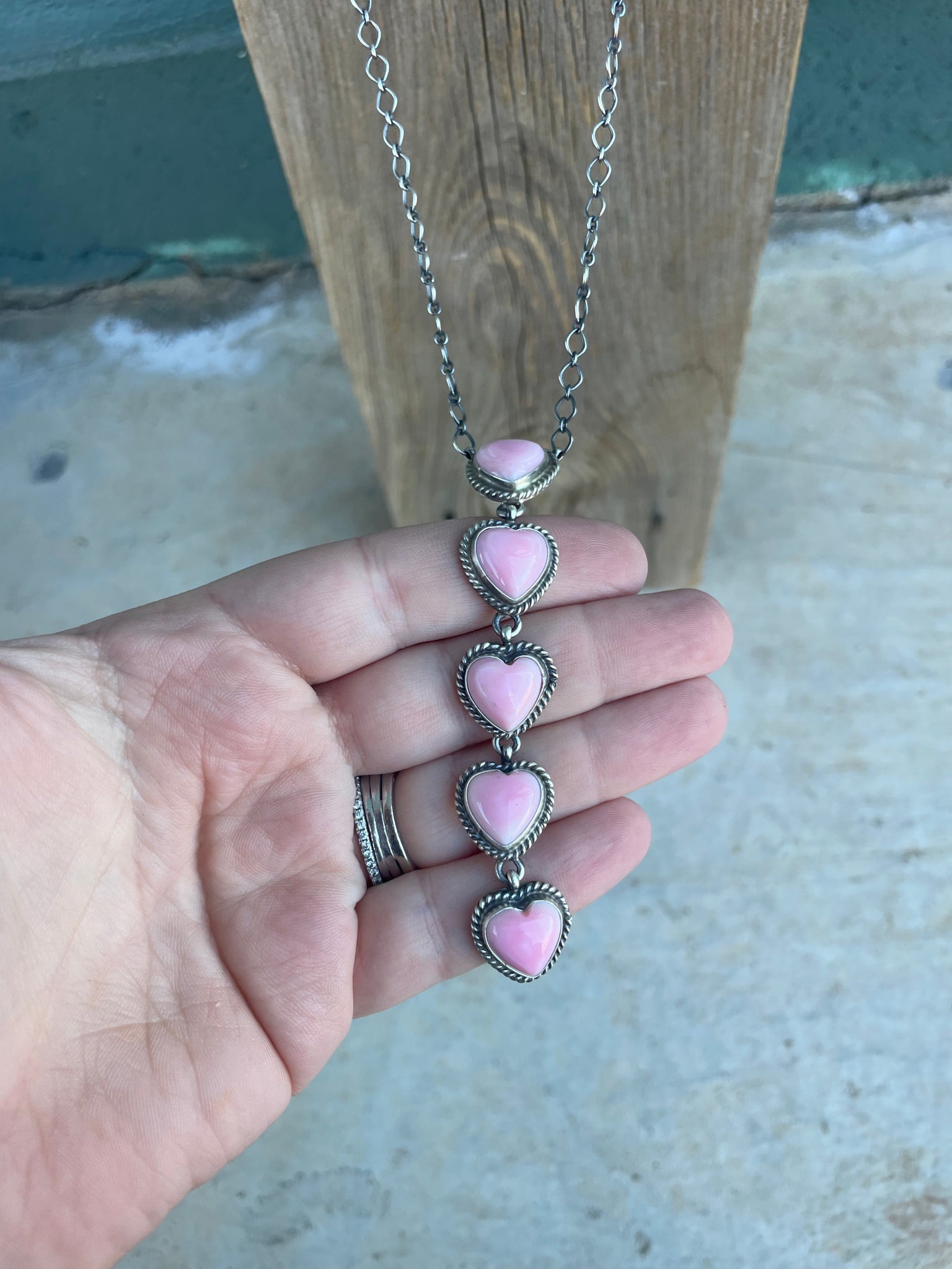 Navajo Queen Pink Conch Shell and Sterling Silver Lariat Necklace Earrings Set by Travis J