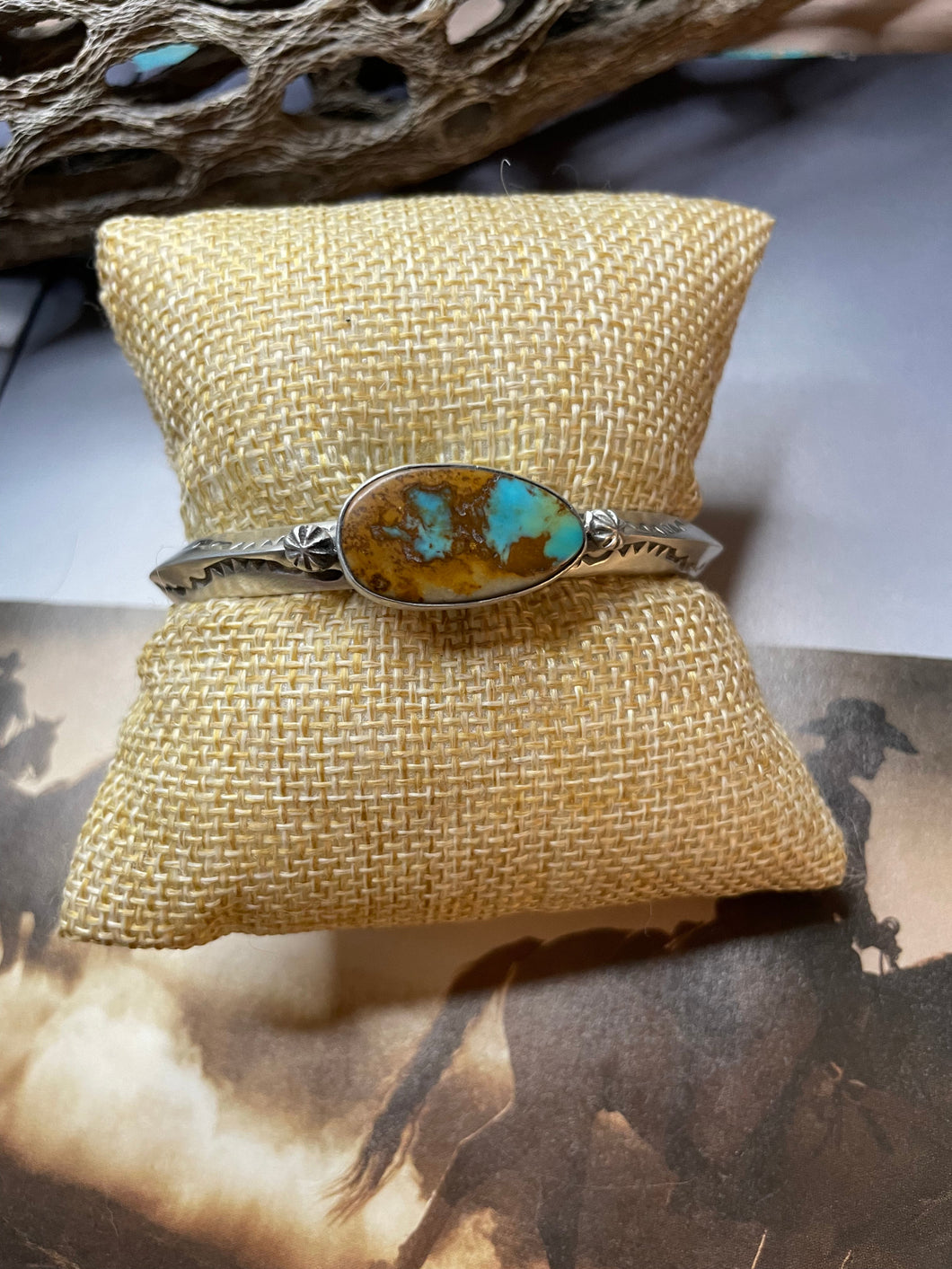 Navajo Hand Stamped Sterling Silver & Turquoise Cuff Bracelet Signed