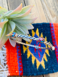 Navajo Twisted Sterling Silver & Pink Dream Mohave Bangle Bracelet