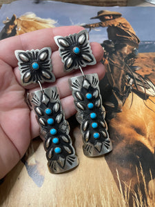 Navajo Sterling Silver & Turquoise Concho Dangle Earrings Signed By Tahe