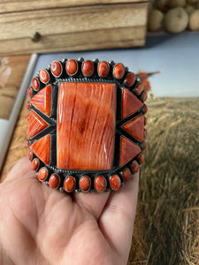 Anthony Skeets Navajo Natural Spiny Oyster & Sterling Silver Cuff Bracelet Signed