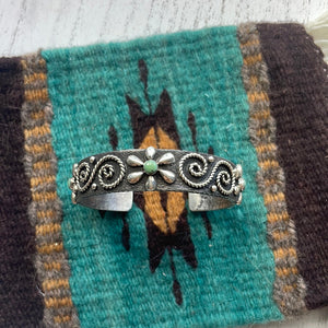 Navajo Sterling Silver & Turquoise Flower Swirl Bracelet Cuff Signed