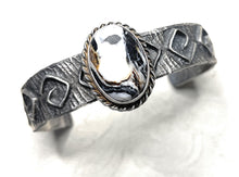 Load image into Gallery viewer, Navajo Golden Hills White Buffalo &amp; Sterling Silver Tufa Cast Cuff Bracelet Signed