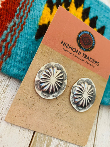 *Authentic* Navajo Sterling Silver Hand Stamped Oval Concho Post Earrings 1”