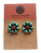 Load image into Gallery viewer, Handmade Turquoise &amp; Coral Post Earrings Signed Nizhoni