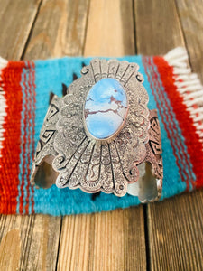 Navajo Golden Hills Turquoise & Sterling Silver Tufa Cast Cuff Bracelet Signed
