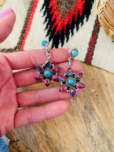 Handmade Pink Dream, Turquoise And Sterling Silver Cluster Dangle Earrings