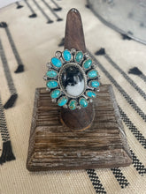 Load image into Gallery viewer, Handmade Sterling Silver, White Buffalo &amp; Turquoise Cluster Adjustable Ring Signed Nizhoni