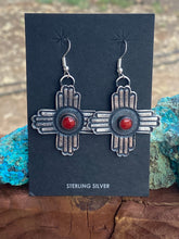 Load image into Gallery viewer, Navajo Coral &amp; Sterling Silver Zia Dangle Earrings By Kevin Billah