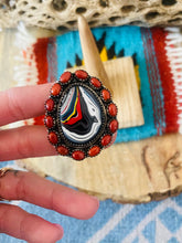 Load image into Gallery viewer, Handmade Sterling Silver, Fordite &amp; Coral Cluster Adjustable Ring