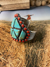 Load image into Gallery viewer, Anthony Skeets Navajo Turquoise, Coral &amp; Sterling Silver Cuff Bracelet Signed