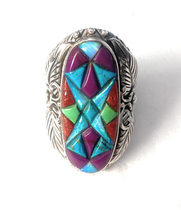 Handmade Sterling Silver & Multi Stone Inlay Ring Size 6.5