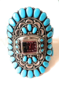 Old Pawn Vintage Navajo Turquoise & Sterling Silver Cluster Watch Cuff