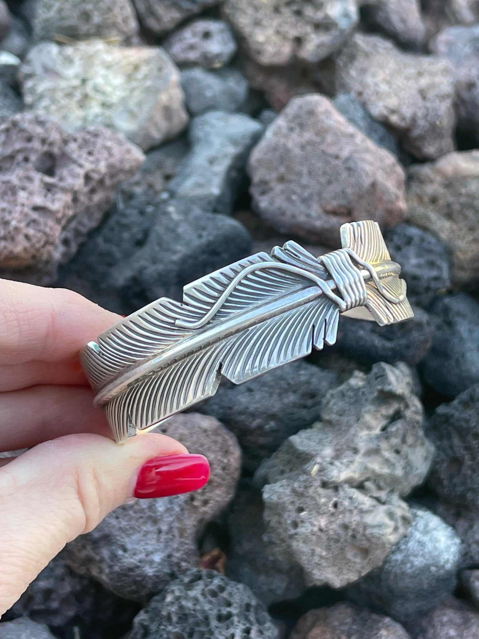 Navajo Sterling Silver Hand Crafted Feather Bracelet Cuff – Amanda 