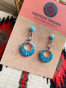 Zuni Sterling Silver & Turquoise Inlay Dangle Earrings