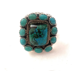 Handmade Sterling Silver, Azurite Malachite & Turquoise Cluster Adjustable Ring