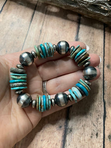 Navajo Sterling Silver Stretchy Natural #8 Turquoise Beaded Bracelet