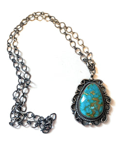 Navajo Sterling Silver & Royston Turquoise Necklace Signed
