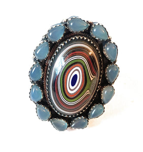 Handmade Sterling Silver, Fordite & Blue Chalcedony Cluster Adjustable Ring