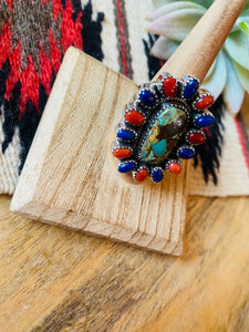 Handmade Sterling Silver, Turquoise, Coral & Lapis Cluster Adjustable Ring