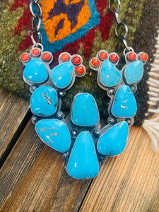 Navajo Sterling Silver, Turquoise & Coral Cactus Necklace