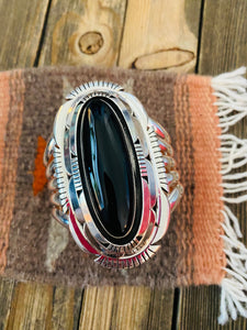 Navajo Sterling Silver & Black Onyx Cuff Bracelet Signed