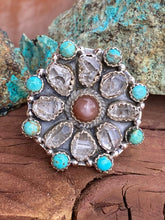Load image into Gallery viewer, Handmade Garnet Sterling Silver, Turquoise &amp; Herkimer Diamond Cluster Adjustable Ring