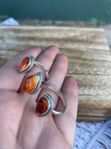 Navajo Sterling Silver And Light Orange Spiny Adjustable Triple Threat Knuckler Ring
