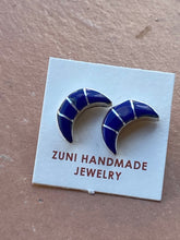Load image into Gallery viewer, Zuni Sterling Silver &amp; Lapis Inlay Moon Stud Earrings