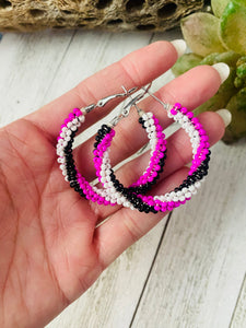 Navajo Handmade Beaded Hoop Earrings- pink, black