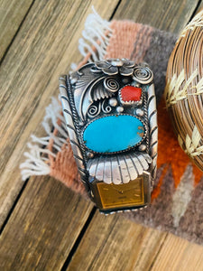 Old Pawn Vintage Navajo Kingman Turquoise, Coral & Sterling Silver Watch Cuff