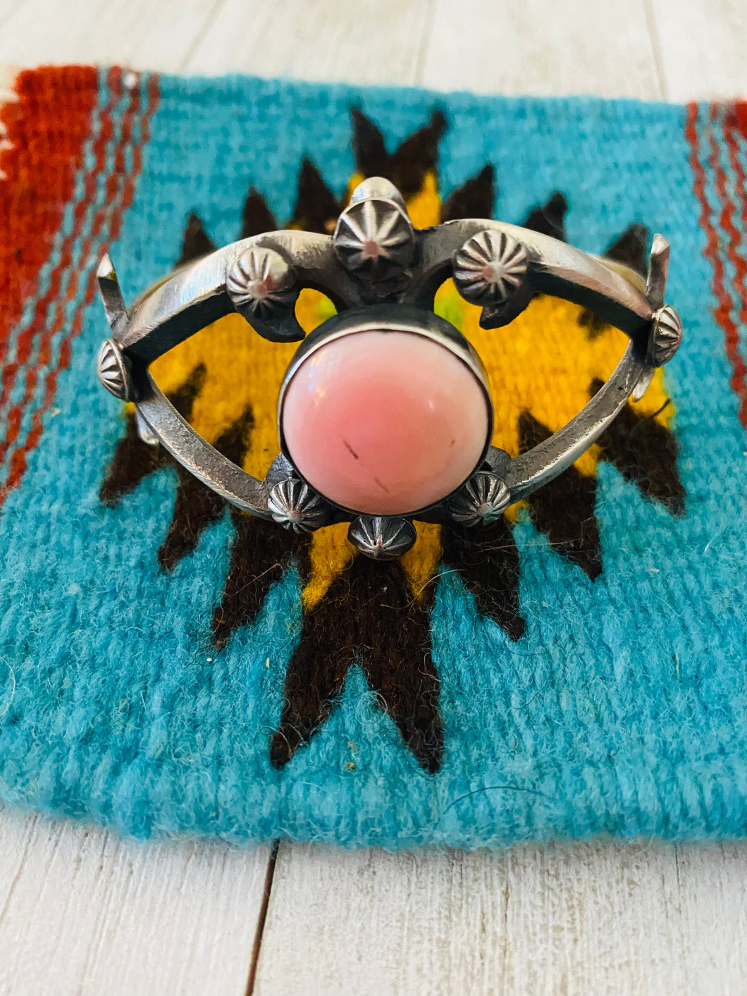 Navajo Queen Pink Conch Shell & Sterling Silver Cuff Bracelet By Chimney Butte
