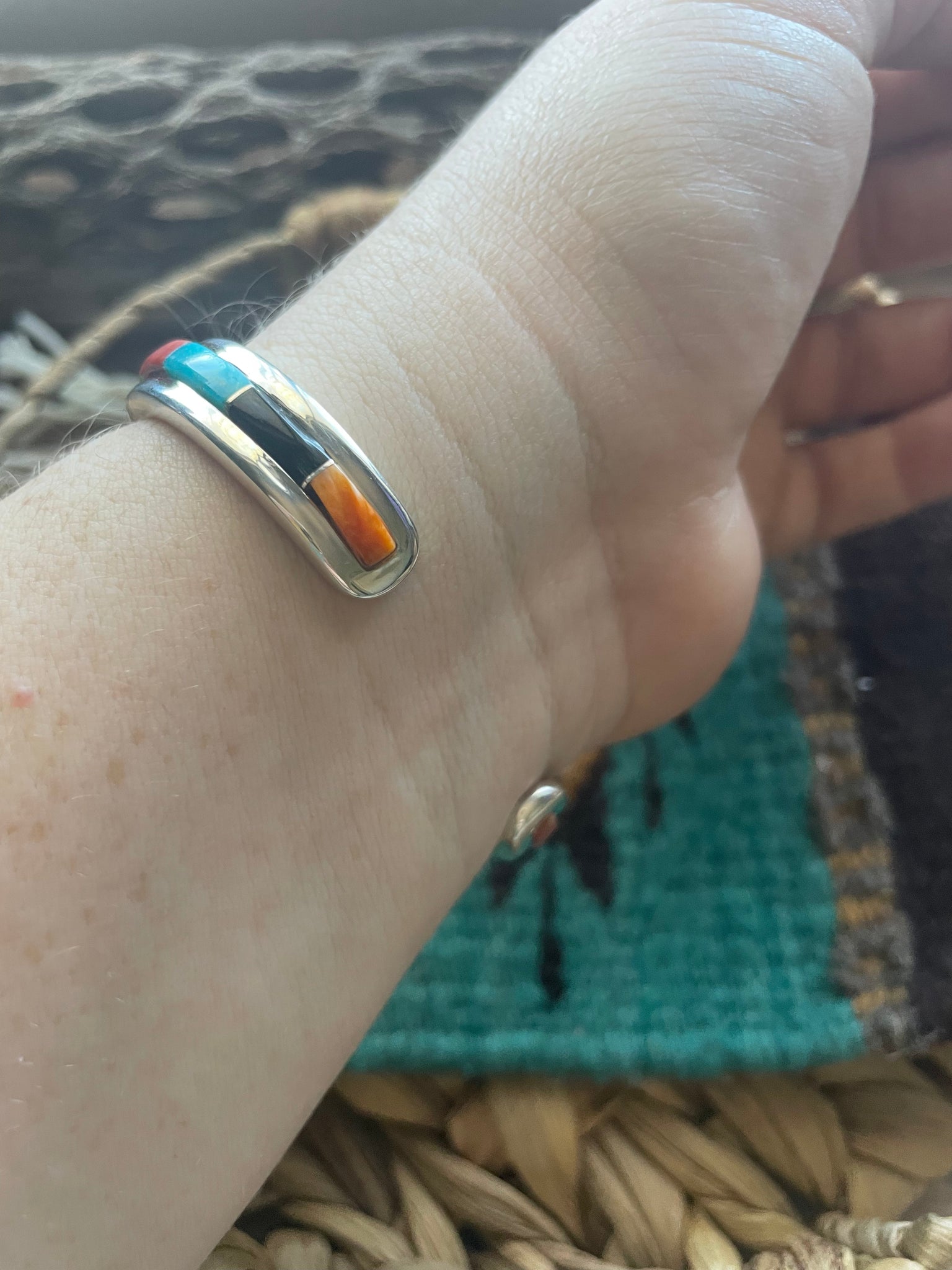 Navajo Handmade Sterling & Multi Stone Inlay Cuff Bracelet