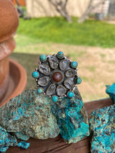 Load image into Gallery viewer, Handmade Garnet Sterling Silver, Turquoise &amp; Herkimer Diamond Cluster Adjustable Ring