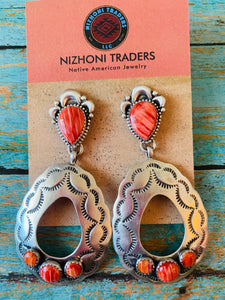 Navajo Sterling Silver & Red Spiny Concho Dangle Earrings