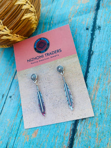 Navajo Sterling Silver Concho Feather Dangle Earrings