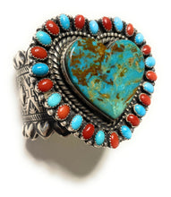 Load image into Gallery viewer, Navajo Sterling Heart Statement Turquoise And Natural Red Coral Bracelet Cuff Signed