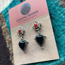 Load image into Gallery viewer, Beautiful Navajo Sterling Silver, Coral &amp; Black Onyx Dangle Earrings Signed