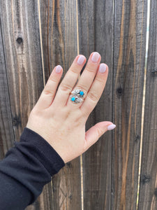 Navajo Sterling Silver & 2 stone Turquoise Feather Adjustable Ring