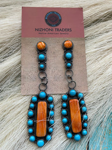 Navajo Sterling Silver, Orange Spiny & Turquoise Dangle Earrings
