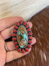 Load image into Gallery viewer, Navajo Number 8 Turquoise, Coral &amp; Sterling Silver Ring Size 8 Signed G James