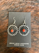 Load image into Gallery viewer, Navajo Red Coral And Sterling Silver Flower Earrings