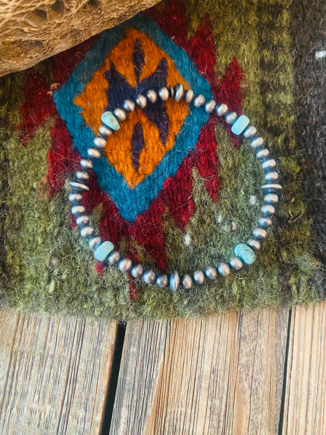 Handmade Turquoise & Sterling Silver Beaded Graduated Stretch Bracelet 4 stone