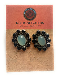 Handmade Onyx & Aqua Calcedony Post Earrings Signed Nizhoni