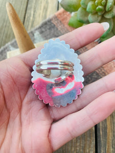 Navajo Red Spiny, Turquoise & Sterling Silver Adjustable Ring