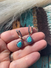 Load image into Gallery viewer, Navajo Turquoise Inlay, Garnet &amp; Sterling Silver Dangle Earrings