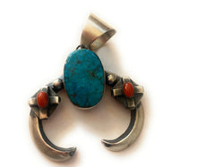 Load image into Gallery viewer, Navajo Sterling Silver, Turquoise &amp; Coral Naja Pendant By Chimney Butte