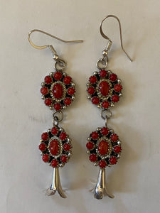 Zuni Petit Point Red Coral  Sterling Silver Dangle Earrings